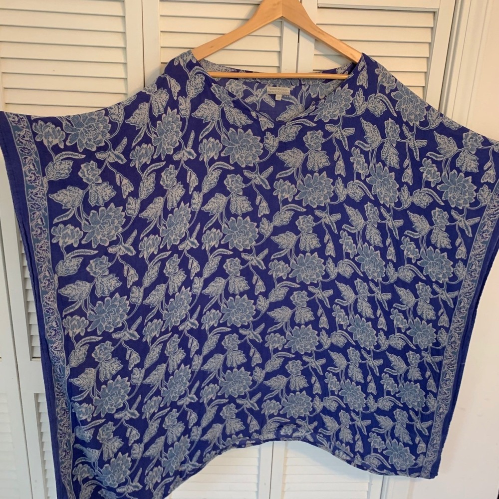 World Market Blue‎ Floral Print Kaftan Tunic Top Free Size Flowy Boho Festival